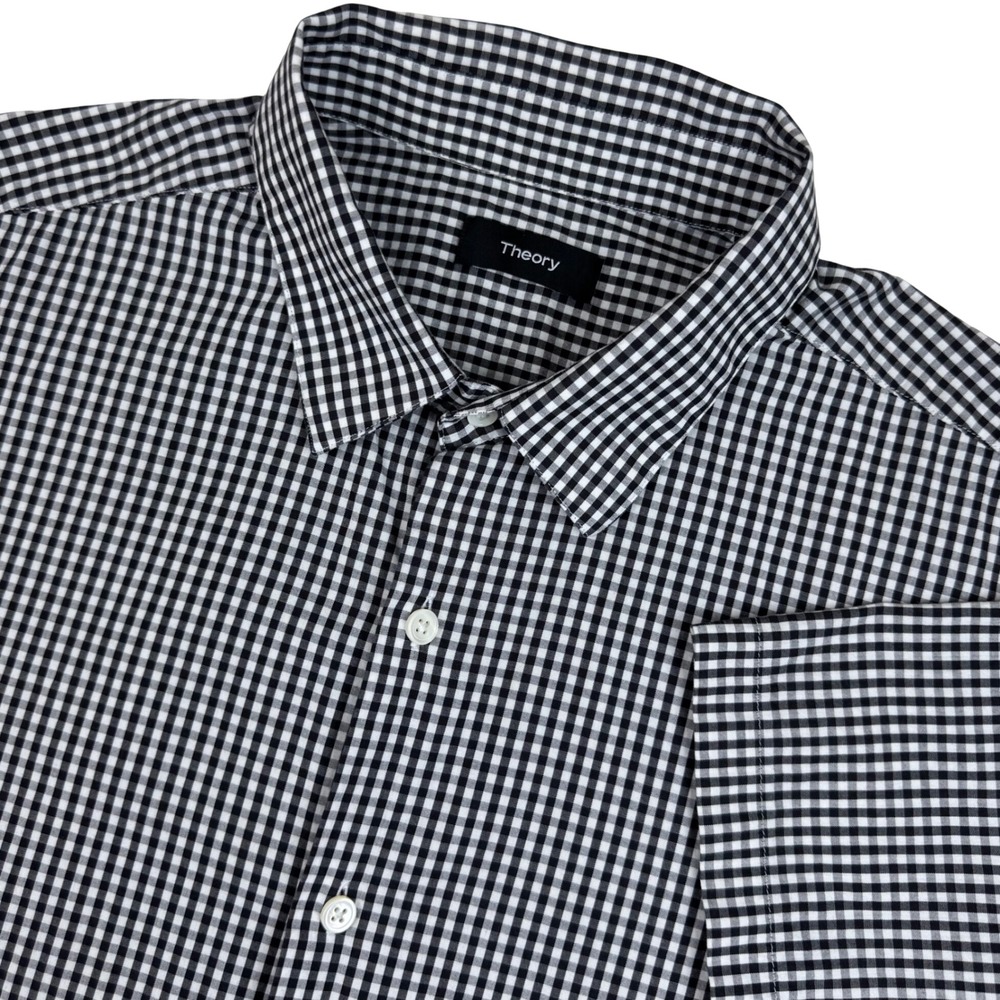 Theory Sylvain S Amicable Gingham Shirt Cotton Stretch Men XL Black White Preppy